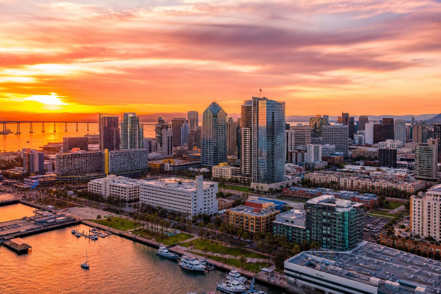 San Diego skyline at golden hour with coastline